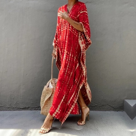 SOLD OUT New Red Bohemian Tie Dye Kaftan Kimono Dress - Picture 2 of 5